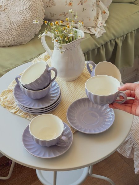 طقم الشاي الملكي 12 قطعة (6 فناجين و6 صحون) لون موف ثيم ربيعي