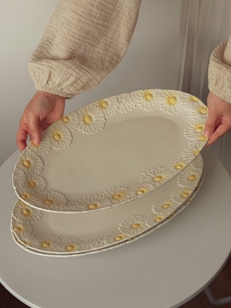 صحن بيضاوي حجم كبير مزخرف بورد الاقحوان ثيم الربيع