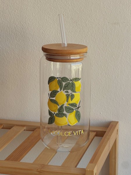 جرة شفاف مع غطى خشب وشلمونة برسمة ليمون "ثيم ايطالي" 600ml