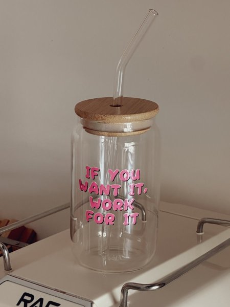 جرة شفافة بغطى خشب وشلمونة270مل "if you want it work for it"
