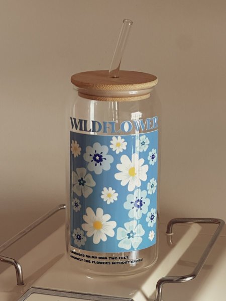 جرة شفافة بغطى خشب وشلمونة "wildflower"