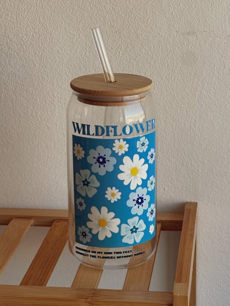 جرة شفافة بغطى خشب وشلمونة "wildflower" 600ml