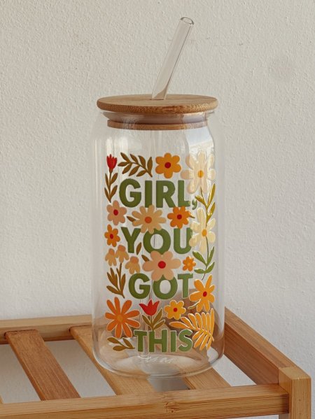 جرة شفافة بغطى خشب وشلمونة "girl, you got this" 600ml