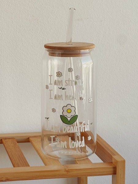 جرة شفافة بغطى خشب وشلمونة "i am strong, i am healthy " 600ml