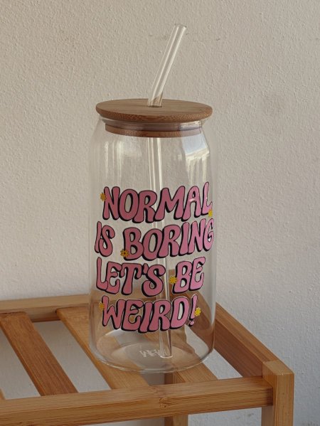 جرة شفافة بغطى خشب وشلمونة270مل ”Normal is Boring, let’s Be Werid“