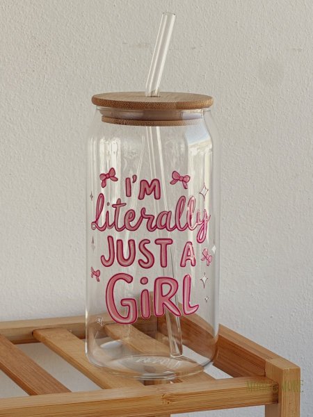 جرة شفافة بغطى خشب وشلمونة600مل "i’m literally just a girl"