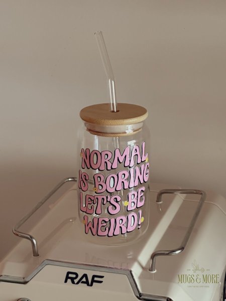 جرة شفافة بغطى خشب وشلمونة ”Normal is Boring, let’s Be Werid“