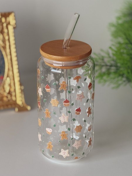 كوب رجل البسكويت شفاف مع غطى وشلمونة